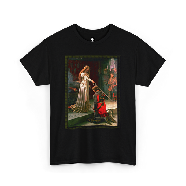 Black t-shirt featuring a printed image of a historical painting depicting a moment of chivalry with a noble lady knighting a kneeling warrior.
