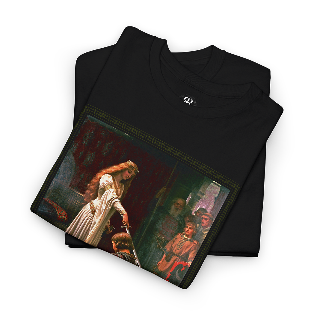 Black t-shirt featuring a printed image of a historical painting depicting a moment of chivalry with a noble lady knighting a kneeling warrior.