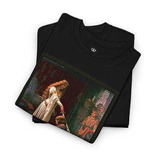 Black t-shirt featuring a printed image of a historical painting depicting a moment of chivalry with a noble lady knighting a kneeling warrior.