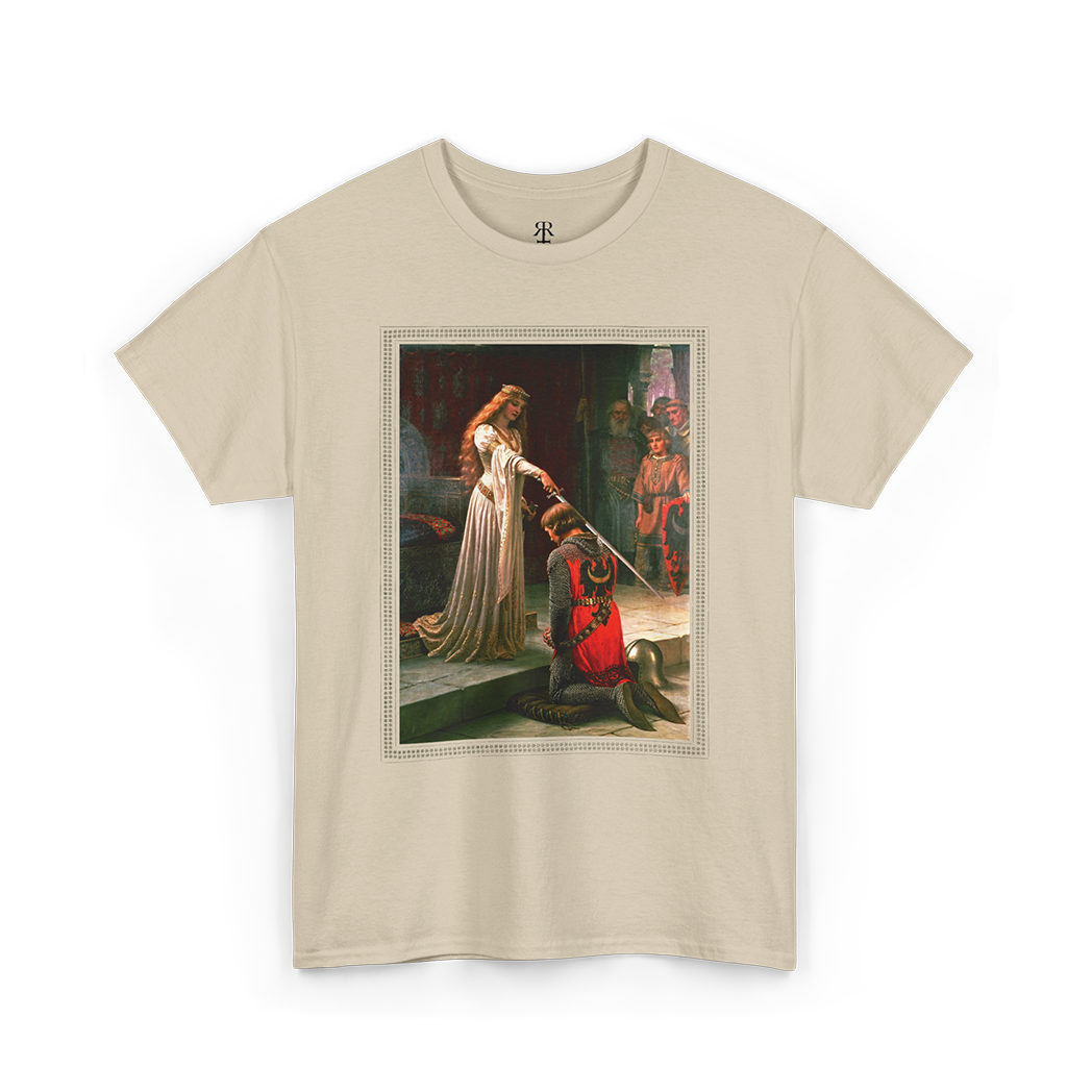 Beige t-shirt featuring a printed image of a historical painting depicting a moment of chivalry with a noble lady knighting a kneeling warrior.