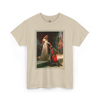 Beige t-shirt featuring a printed image of a historical painting depicting a moment of chivalry with a noble lady knighting a kneeling warrior.