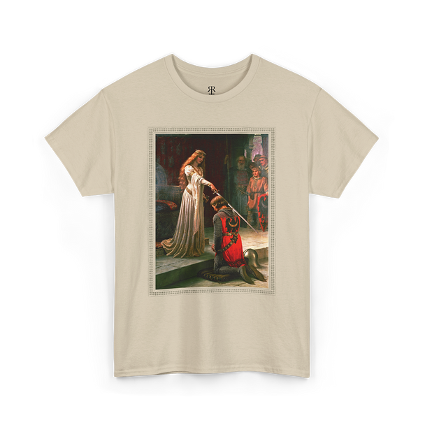 Beige t-shirt featuring a printed image of a historical painting depicting a moment of chivalry with a noble lady knighting a kneeling warrior.