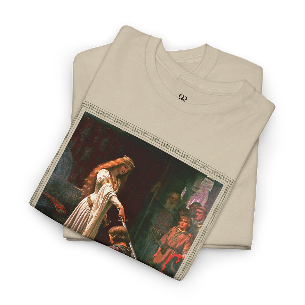 Beige t-shirt featuring a printed image of a historical painting depicting a moment of chivalry with a noble lady knighting a kneeling warrior.