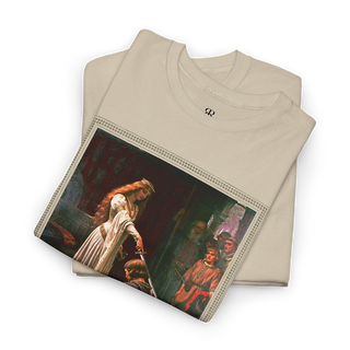Beige t-shirt featuring a printed image of a historical painting depicting a moment of chivalry with a noble lady knighting a kneeling warrior.
