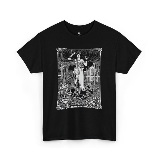 Black t-shirt showing Original illustration for Edgar Allan Poe's poem "Al Aaraaf" by W. Heath Robinson