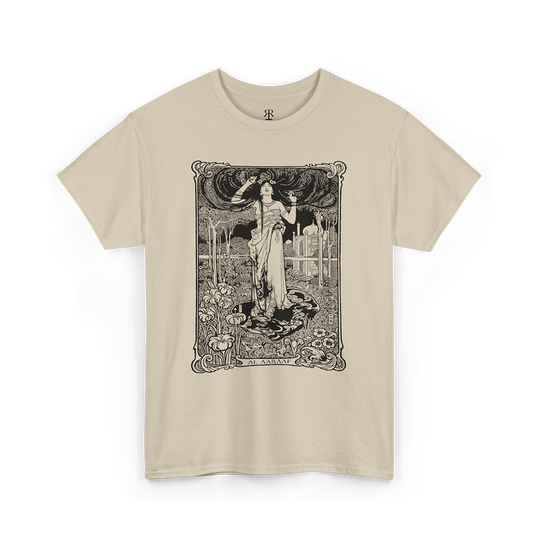Sand t-shirt showing Original illustration for Edgar Allan Poe's poem "Al Aaraaf" by W. Heath Robinson