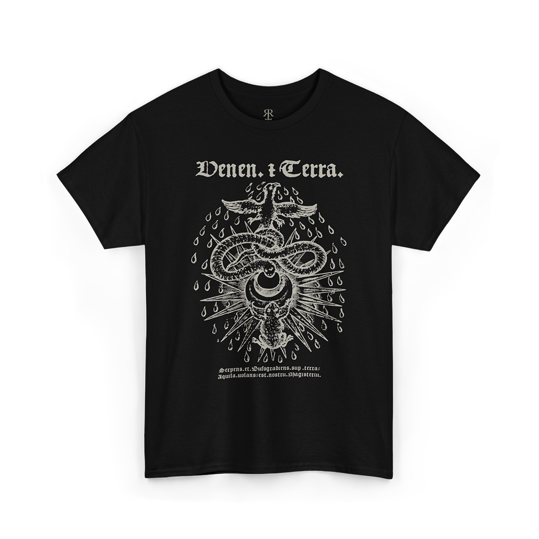 Black t-shirt showing Alchemical Serpent and Toad