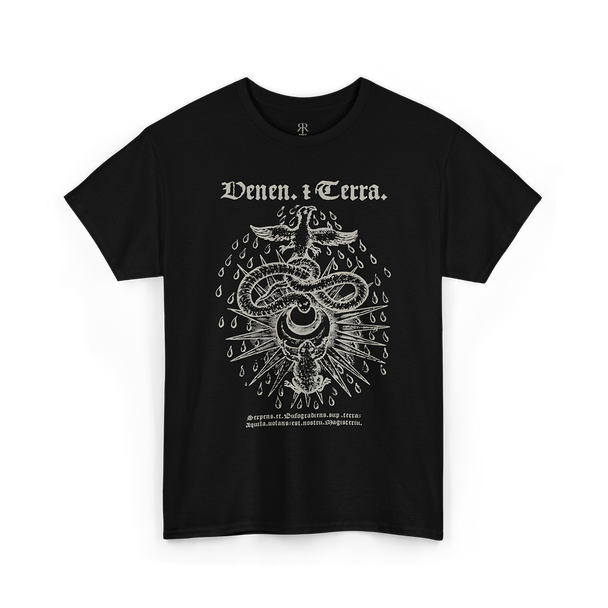 Black t-shirt showing Alchemical Serpent and Toad