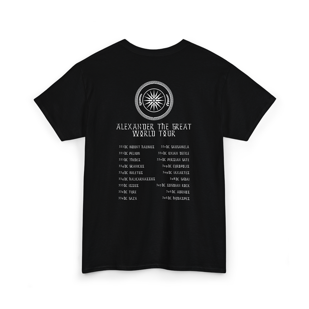 Black t-shirt with a graphic of Alexander the Great, showing world tour dates