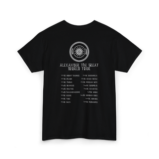 Black t-shirt with a graphic of Alexander the Great, showing world tour dates