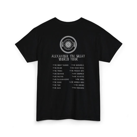 Black t-shirt with a graphic of Alexander the Great, showing world tour dates