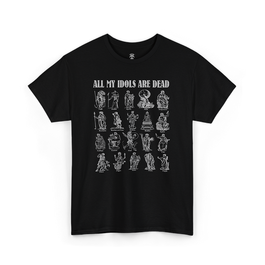 All My Idols Are Dead T-shirt showing multiple illustrations of old gods arranged around the bold slogan text