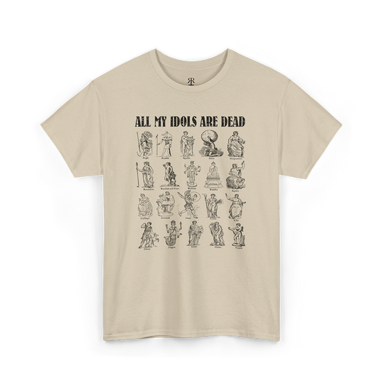 All My Idols Are Dead T-shirt showing multiple illustrations of old gods arranged around the bold slogan text, beige