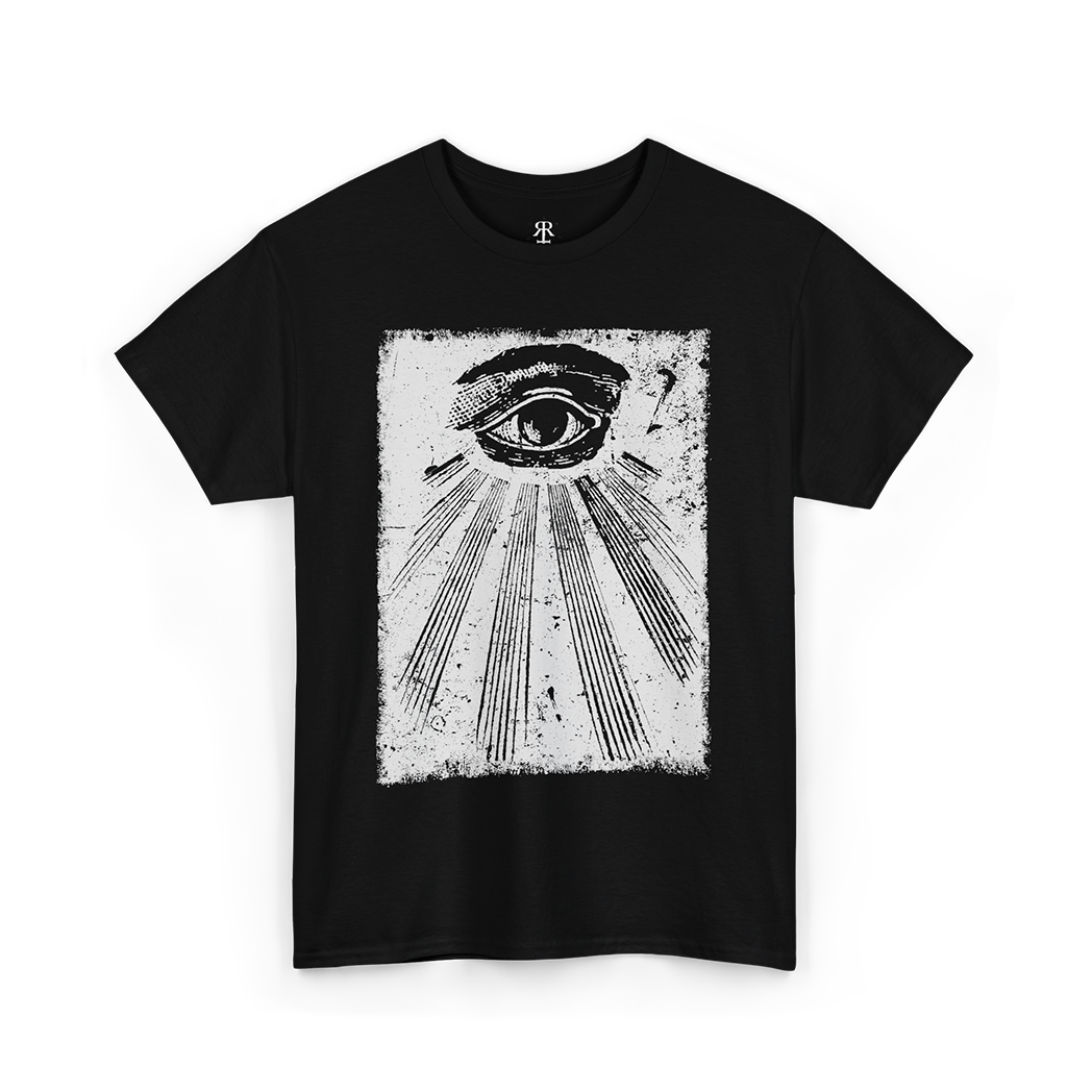 Black t-shirt showing an illustration of all seeing eye.