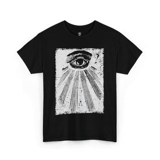 Black t-shirt showing an illustration of all seeing eye.
