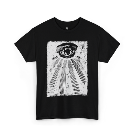 Black t-shirt showing an illustration of all seeing eye.