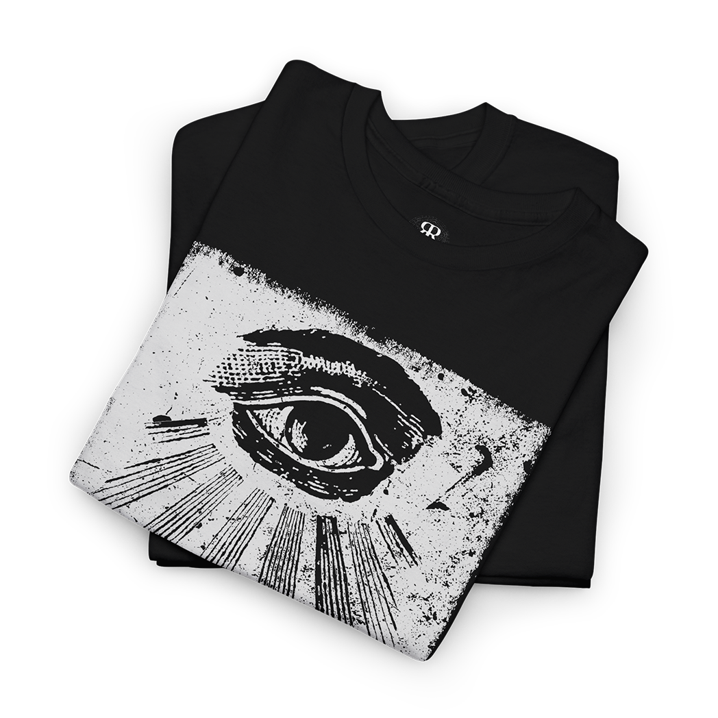Black t-shirt showing an illustration of all seeing eye.