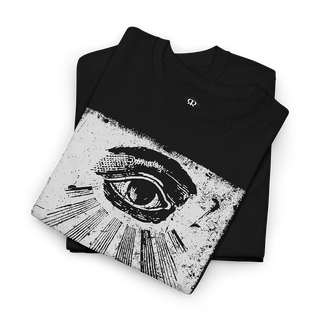 Black t-shirt showing an illustration of all seeing eye.