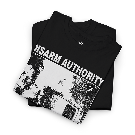 Disarm Authority Arm Your Desires unisex T-shirt, black with anarchist and liberation slogan design