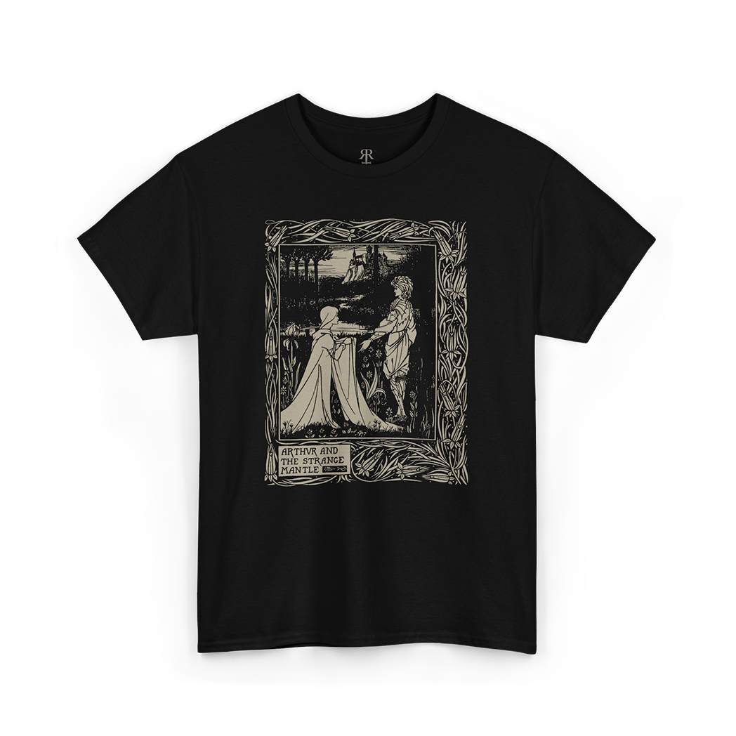 Black t-shirt showing Arthur and the Strange Mantle by Aubrey Beardsley