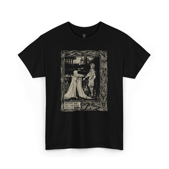Black t-shirt showing Arthur and the Strange Mantle by Aubrey Beardsley