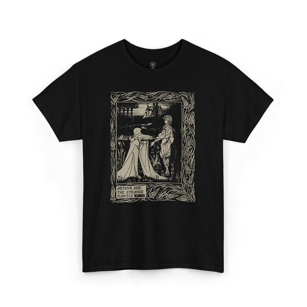Black t-shirt showing Arthur and the Strange Mantle by Aubrey Beardsley