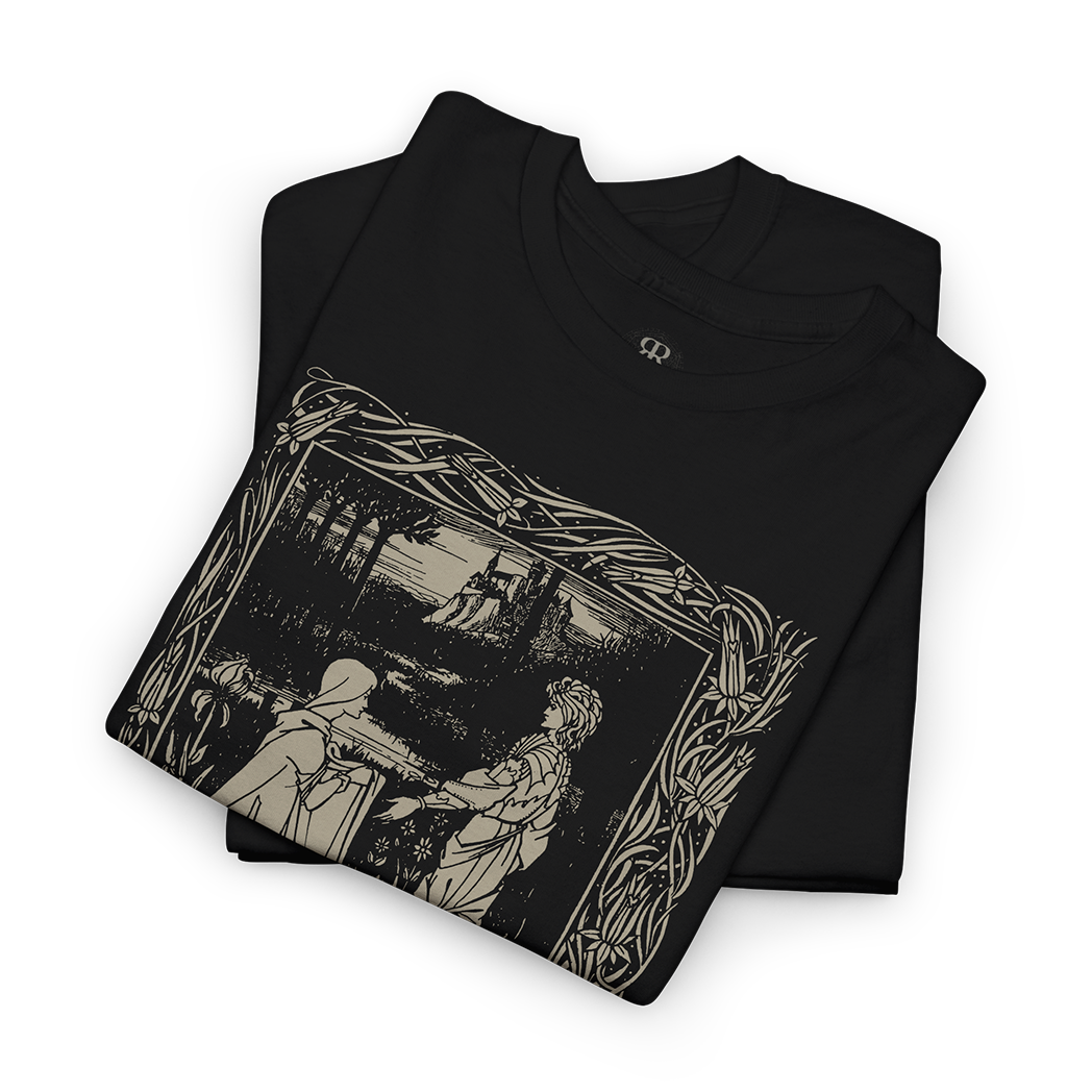 Black t-shirt showing Arthur and the Strange Mantle by Aubrey Beardsley