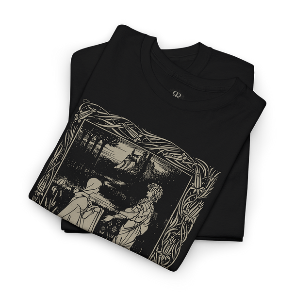 Black t-shirt showing Arthur and the Strange Mantle by Aubrey Beardsley