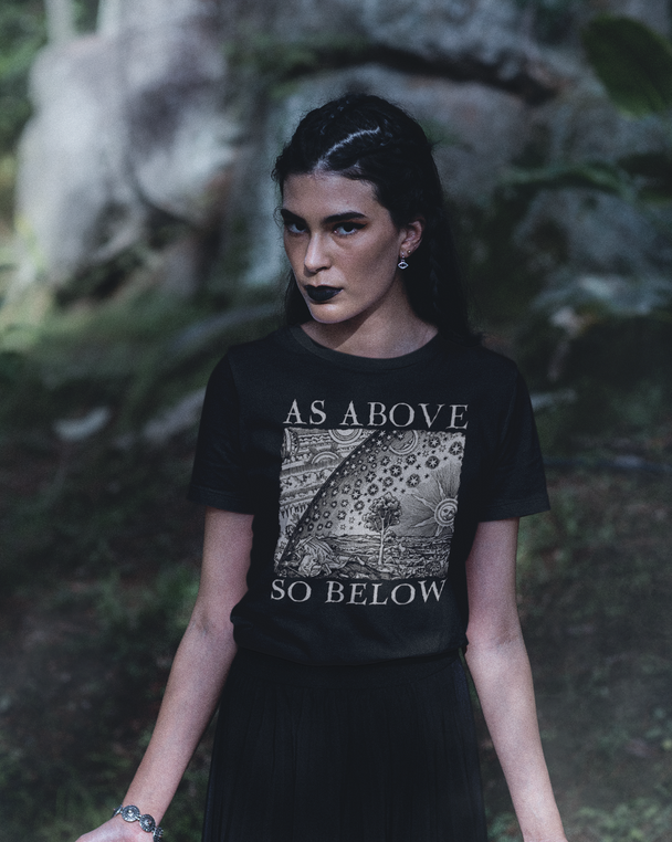 Woman wearing As Above So Below Flammarion T-Shirt