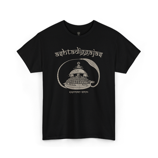 Black The Ashtadiggajas T-shirt, showing a group of eight elephants that appear in Hindu cosmology