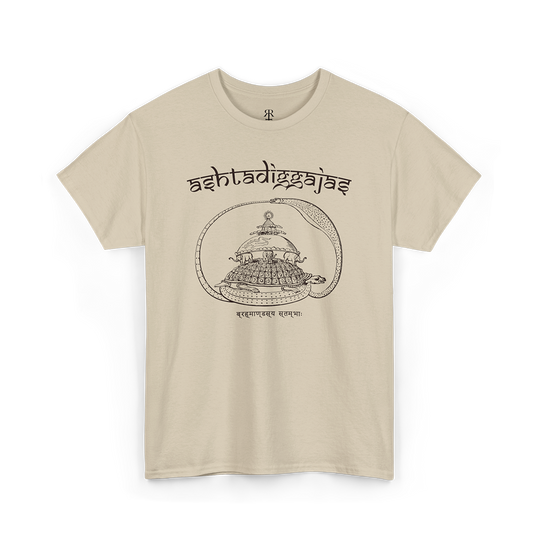 Beige The Ashtadiggajas T-shirt, showing a group of eight elephants that appear in Hindu cosmology