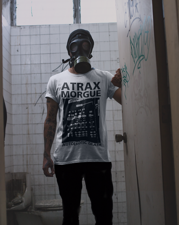 Man wearing Atrax Morgue Autoerotic Death T-Shirt