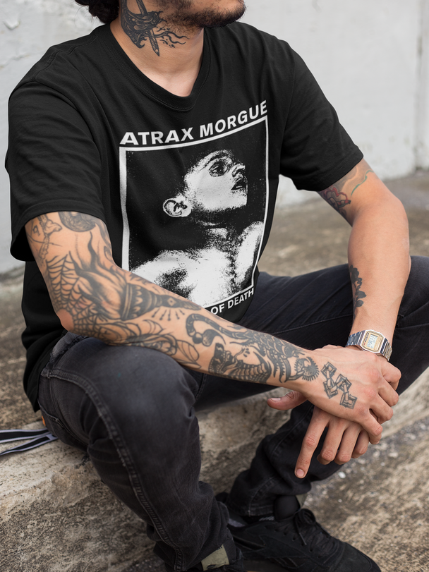 Tattooed man wearing Atrax Morgue In Search of Death T-Shirt