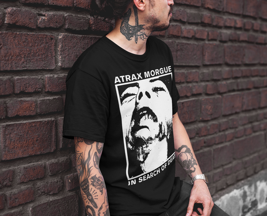 Man wearing Atrax Morgue In Search of Death T-Shirt