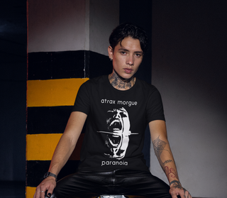 Man wearing Atrax Morgue Paranoia T-Shirt