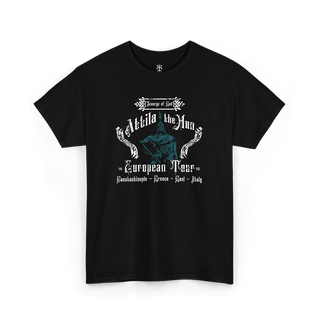 Black T-shirt with text and graphic design related to Attila the Hun