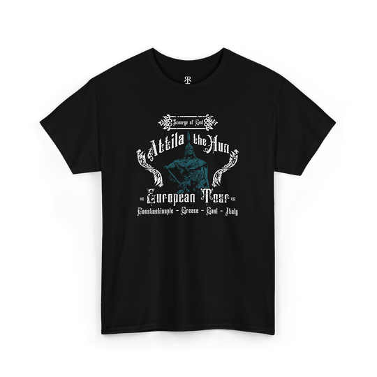 Black T-shirt with text and graphic design related to Attila the Hun