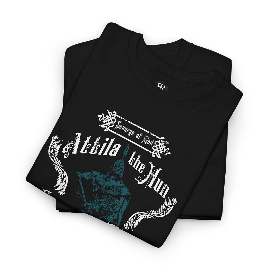 Black T-shirt with text and graphic design related to Attila the Hun