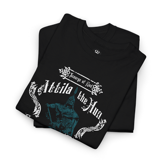 Black T-shirt with text and graphic design related to Attila the Hun