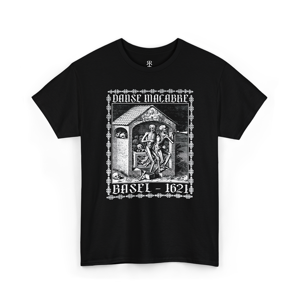 Black t-shirt showing Matthaeus Merian’s “The Ossuary” from the Dance of Death series, with two skeletons playing flutes among the gathered bones of the dead