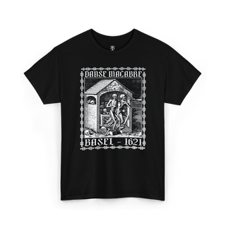 Black t-shirt showing Matthaeus Merian’s “The Ossuary” from the Dance of Death series, with two skeletons playing flutes among the gathered bones of the dead