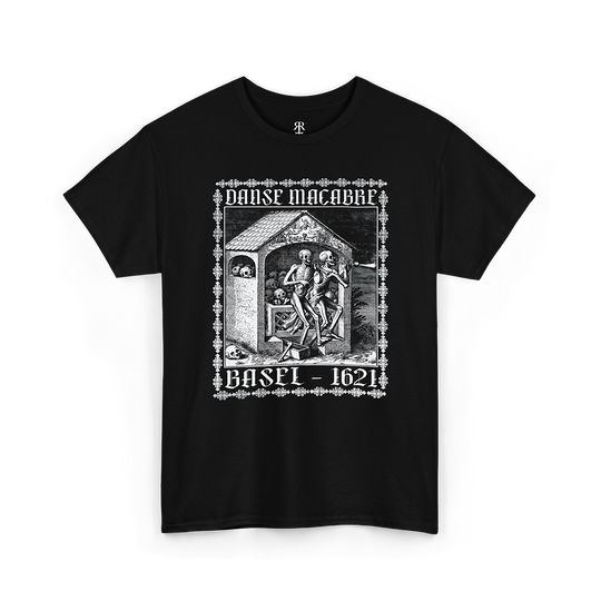 Black t-shirt showing Matthaeus Merian’s “The Ossuary” from the Dance of Death series, with two skeletons playing flutes among the gathered bones of the dead
