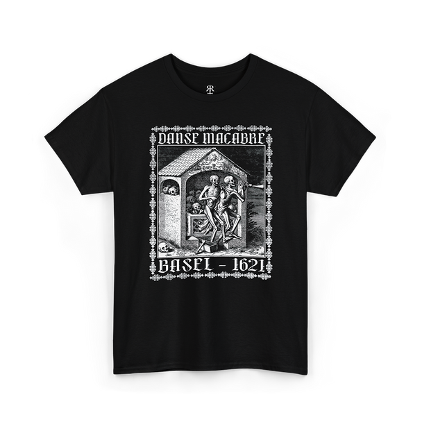 Black t-shirt showing Matthaeus Merian’s “The Ossuary” from the Dance of Death series, with two skeletons playing flutes among the gathered bones of the dead