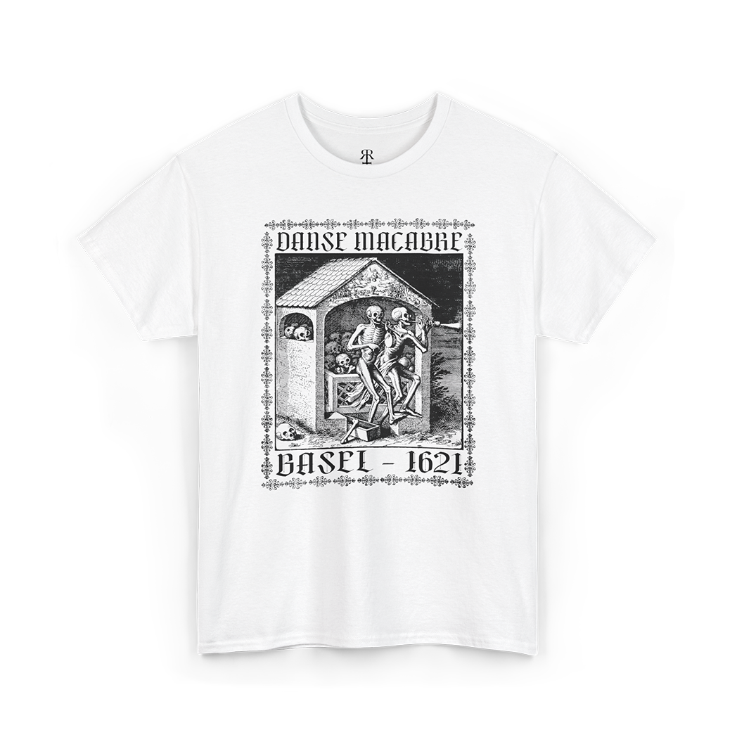 White t-shirt showing Matthaeus Merian’s “The Ossuary” from the Dance of Death series, with two skeletons playing flutes among the gathered bones of the dead