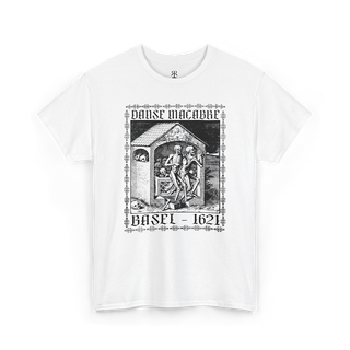 White t-shirt showing Matthaeus Merian’s “The Ossuary” from the Dance of Death series, with two skeletons playing flutes among the gathered bones of the dead