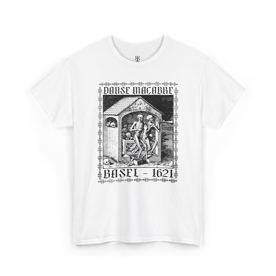 White t-shirt showing Matthaeus Merian’s “The Ossuary” from the Dance of Death series, with two skeletons playing flutes among the gathered bones of the dead
