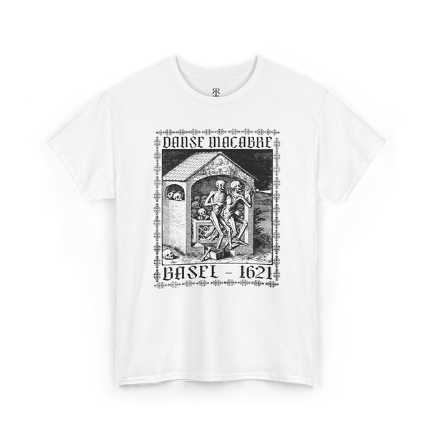 White t-shirt showing Matthaeus Merian’s “The Ossuary” from the Dance of Death series, with two skeletons playing flutes among the gathered bones of the dead