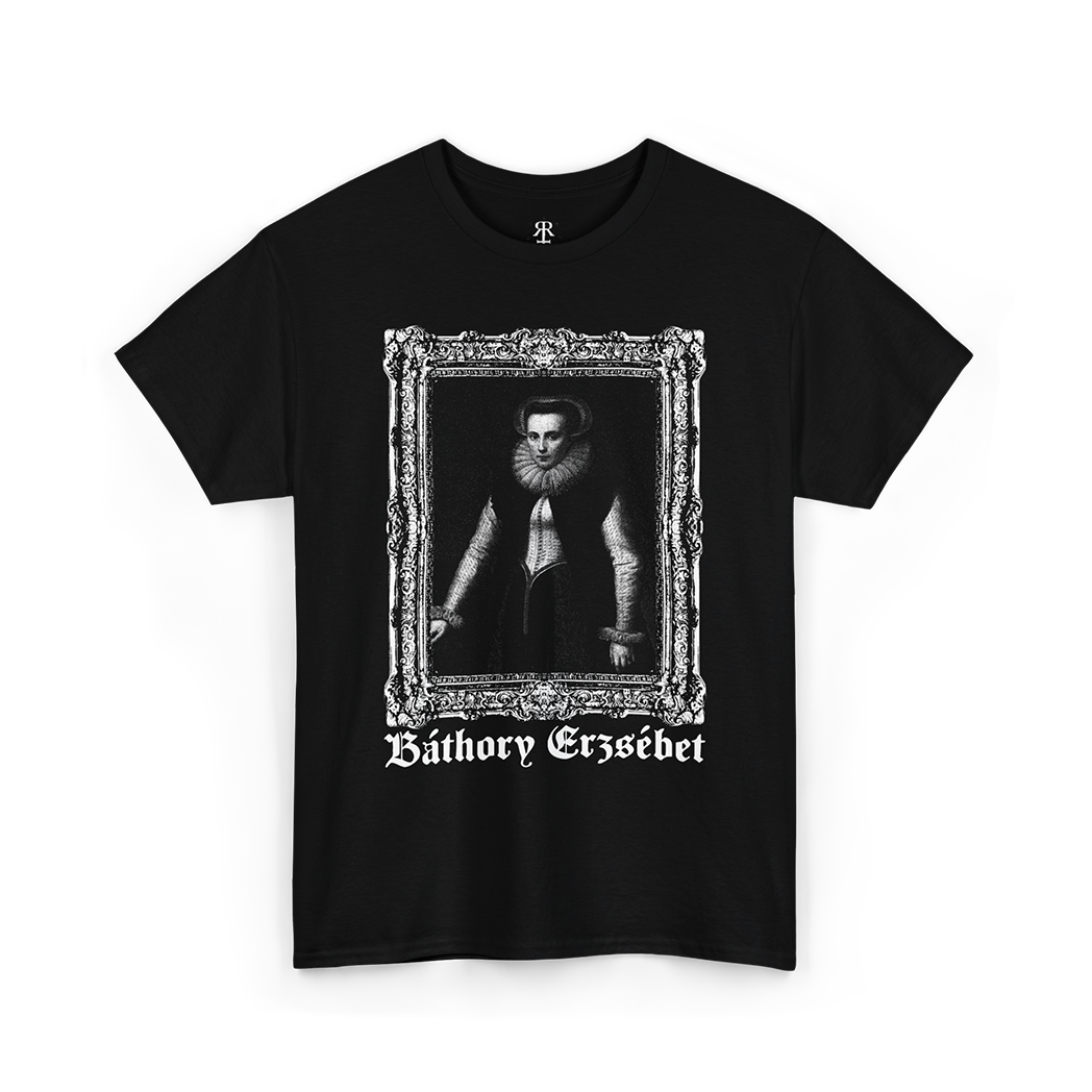 Black T-shirt with a graphic print of Countess Elizabeth Báthory in a frame, with the text 'Báthory Eézsébet' on it.