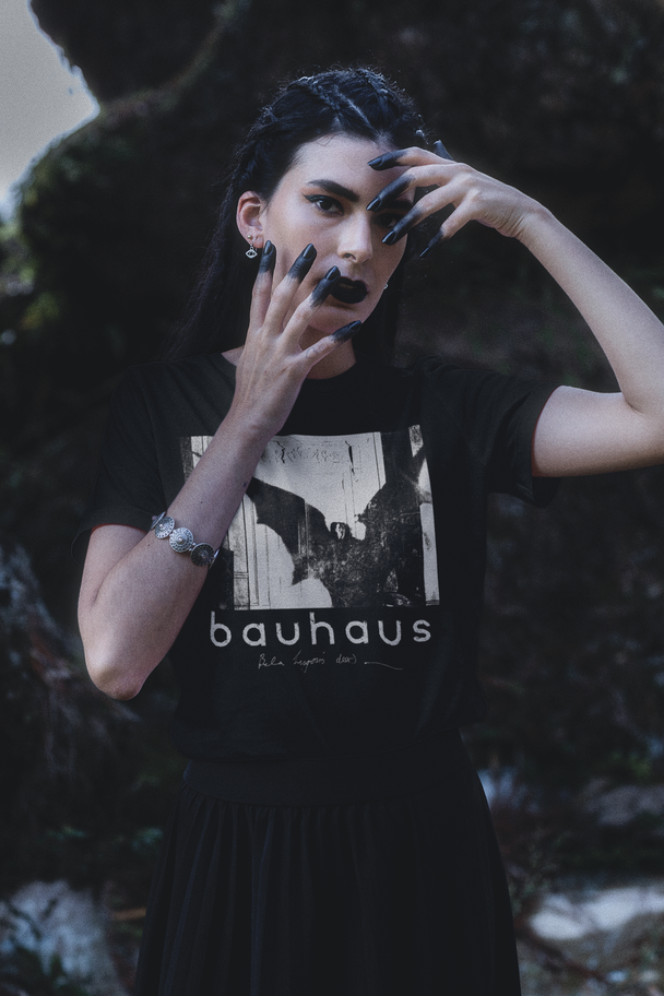 Woman wearing Bauhaus Bela Lugosi's Dead T-Shirt