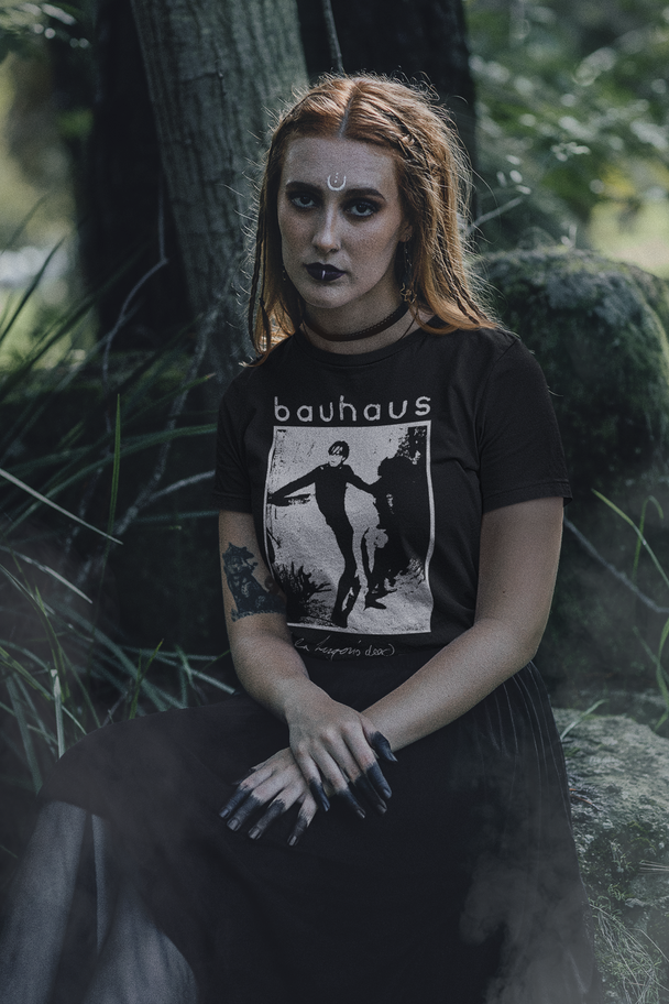 Woman wearing Bauhaus Caligari T-Shirt